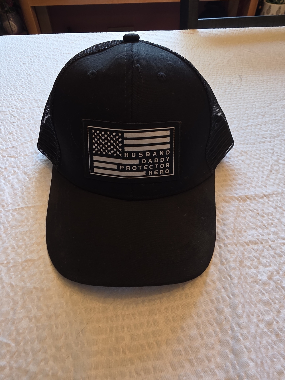 Men's Black Trucker Hat with Patriotic 'Husband Daddy Protector Hero' Patch